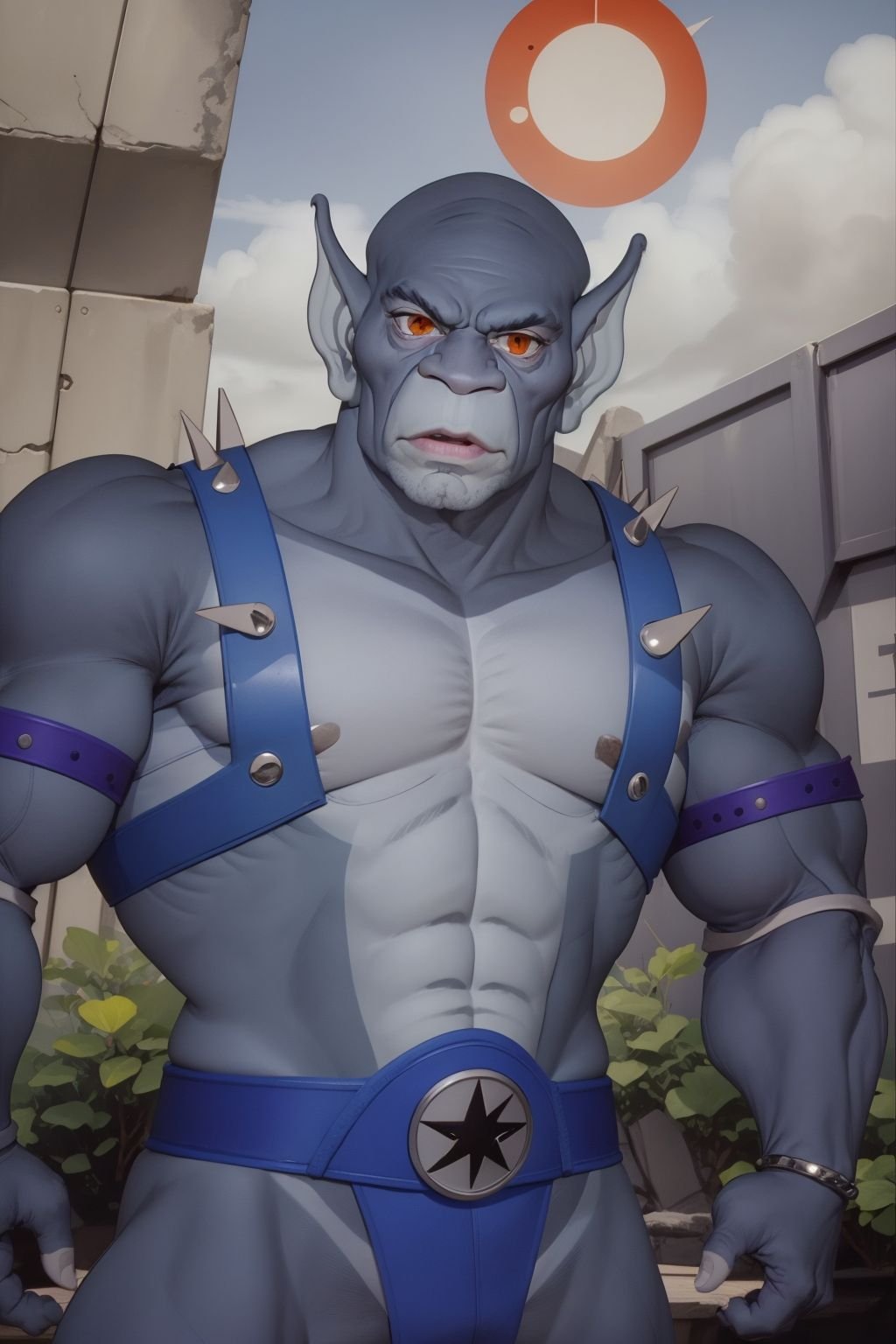 <lora:panthro_v1:1> panthro, 1boy, blue overalls, spikes, eye of thundera, silver bracelet, upper body