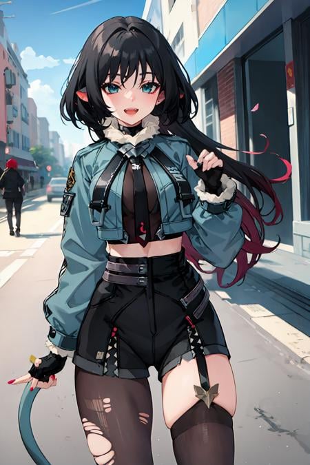 1girl, jane doe \(zenless zone zero\), fingerless gloves, black shorts, tail, cropped jacket, sports bra, single garter strap, single leg pantyhose, single thighhigh, necktie, long hair, looking at viewer, smiling, open mouth, street, outdoors, depth of field, standing, cowboy shot