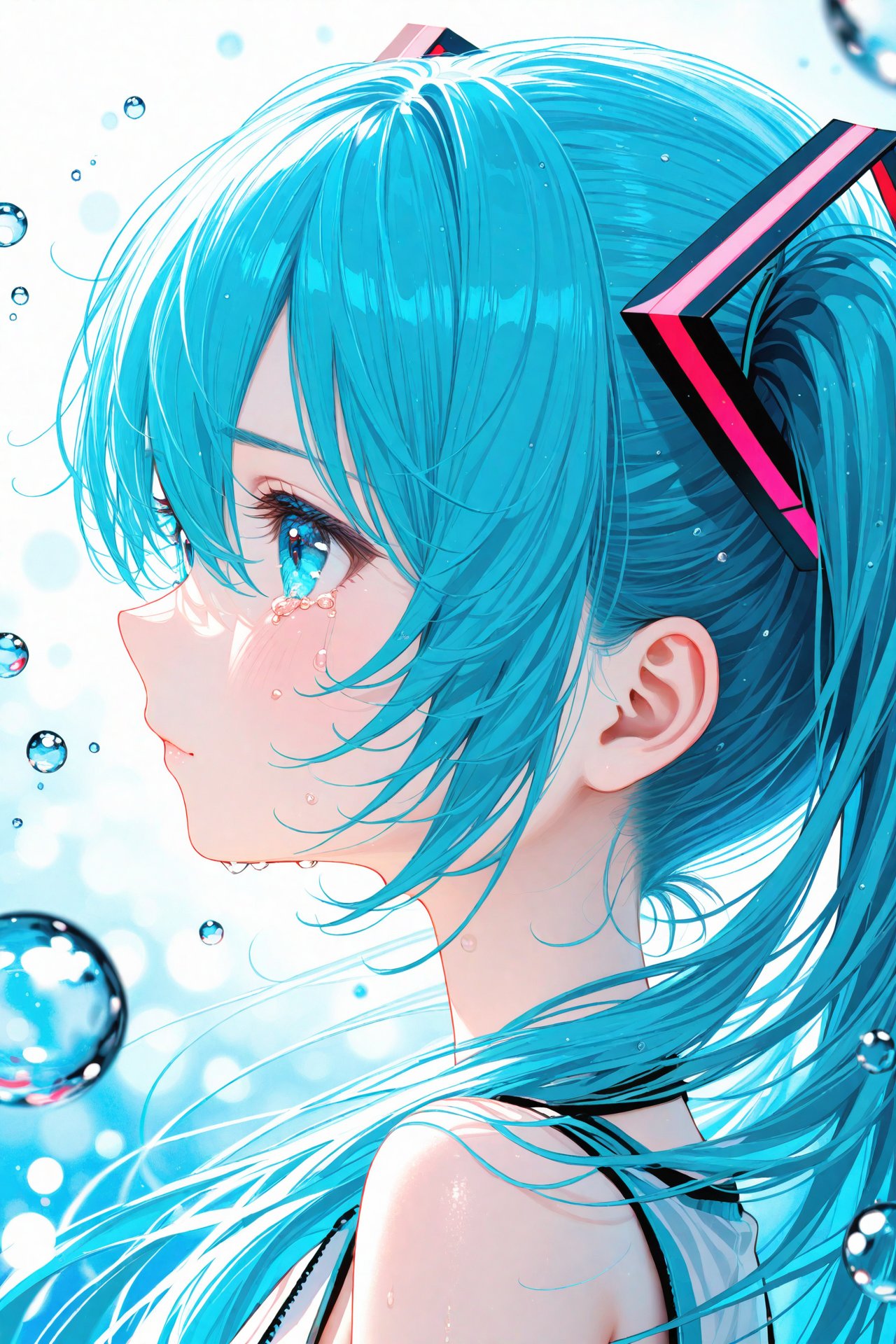 (masterpiece),(best quality),illustration,ultra detailed,hdr,Depth of field,(colorful),nai3 Style, 1girl, solo, hatsune miku, long hair, twintails, tears, from side, profile, crying, bare shoulders, aqua eyes, bubble, portrait, blue hair, hair ornament, crying with eyes open, blurry, blue eyes, aqua hair, hair between eyes, water drop, closed mouth, sleeveless, upper body