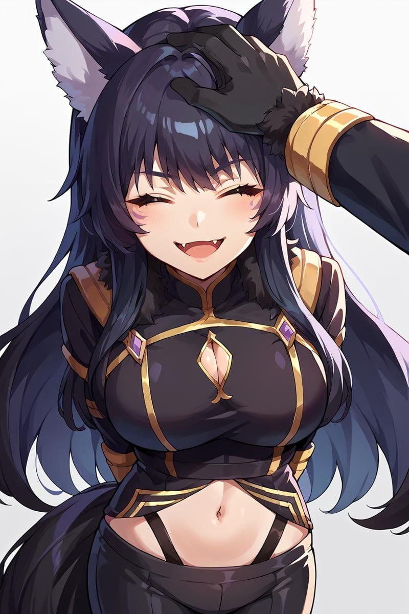 score_9, score_8_up, score_7_up, score_6_up, source_anime, 1girl, solo,  <lora:delta-pdxl-nvwls-v1-000005:1> delta, black hair, long hair, facial mark, wolf ears, black bodysuit, long sleeves, cleavage cutout, gold trim, navel, black pants, black gloves, fur trim, tail, smile, open mouth, fangs, very happy, from above, looking at you, closed eyes  <lora:Headpat_XLPD:1> headpat, pov arm, arms behind back