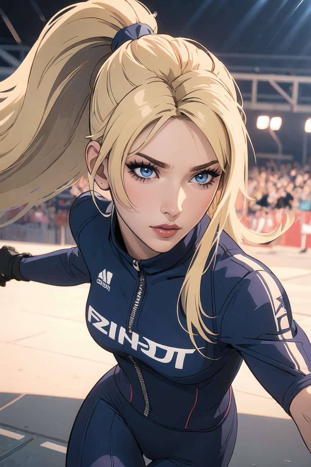 {(Sarah), (Blue Eyes), (Blonde, long hair, high ponytail)}, 1GirlRacing Circuit, IndyCar Event, Racing Queen, Scort, Model, Sponsorship, Skimpy Clothes, Leotard,💡 **Additional Enhancers** ((High-Quality)), ((Aesthetic)), ((Masterpiece)), (Intricate Details), Coherent Shape, (Stunning Illustration), [Dramatic Lightning], ((midjourney))<lora:EMS-3183-EMS:0.200000>, <lora:EMS-345626-EMS:0.800000>