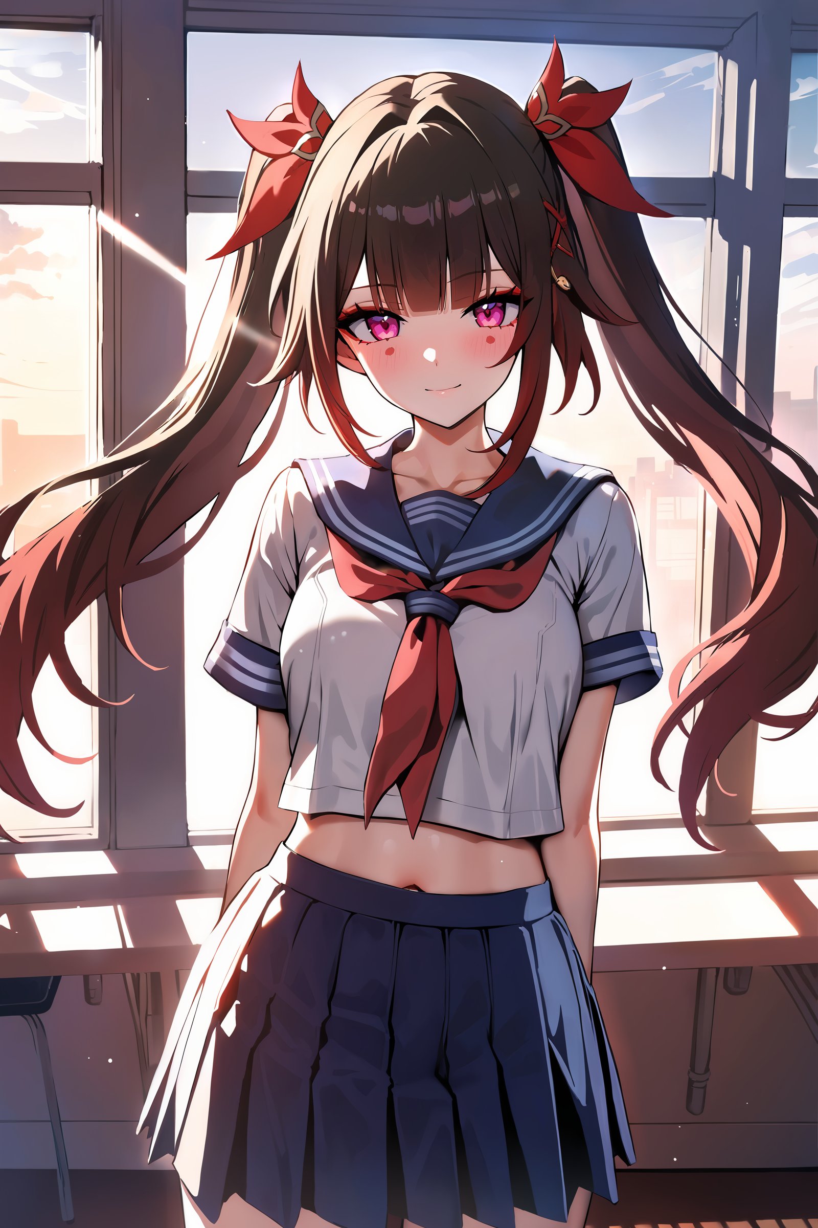 masterpiece, best quality, illustration, highres, ultra-detailed, 1girl, sparkle \(honkai: star rail\), twintails, school uniform, serafuku, cowboy shot, backlighting, sunbeam, sunset, classroom, indoors, window, light smile, blush, looking at viewer, depth of field <lora:Char-HonkaiSR-Sparkle-XL-V1:0.9>