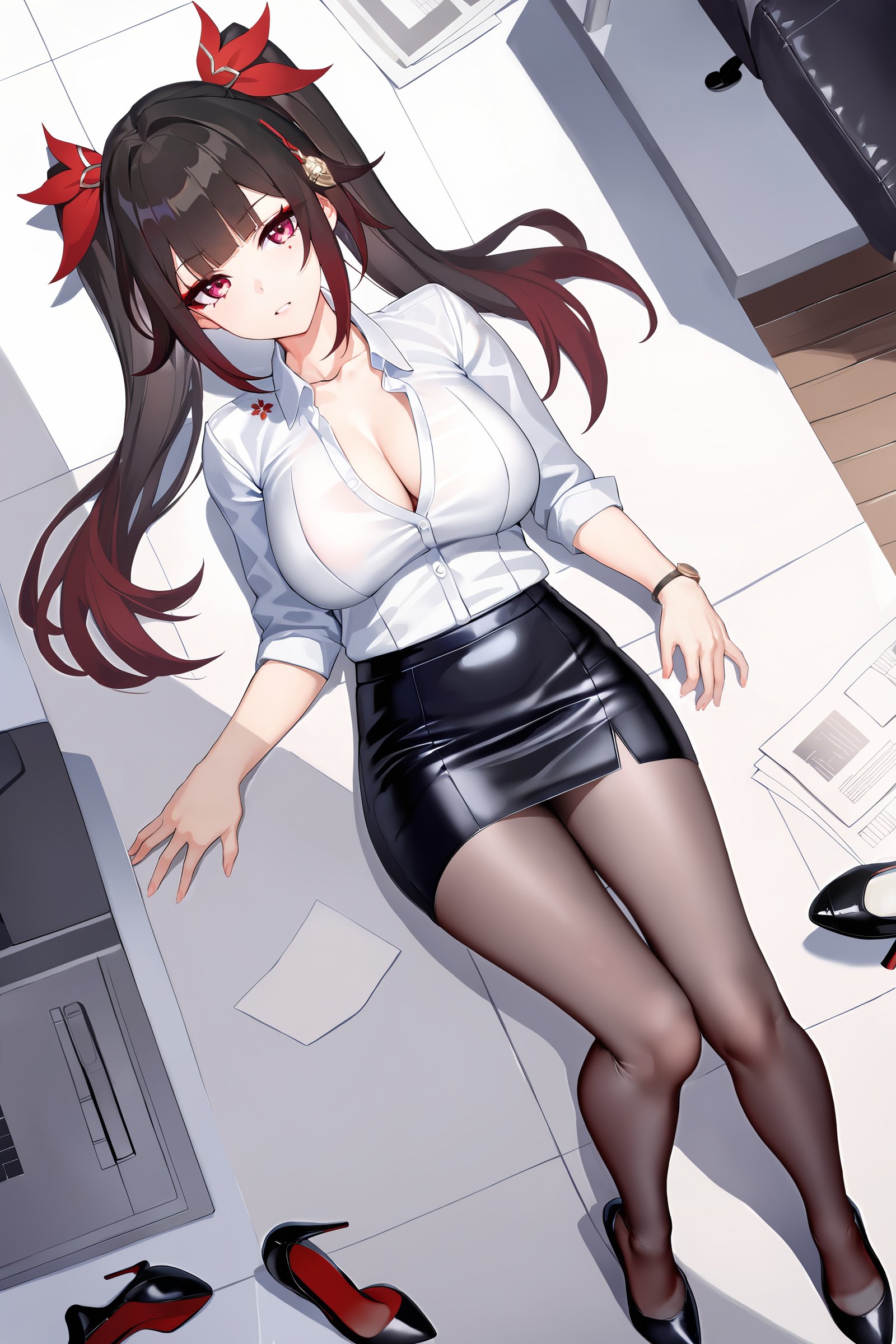 masterpiece, best quality, illustration, highres, ultra-detailed, 1girl, sparkle \(honkai: star rail\), twintails, office lady, collared shirt, pencil skirt, pantyhose, high heels, looking at viewer, reclining, yokozuwari, floor, paper, from above <lora:Char-HonkaiSR-Sparkle-XL-V1:0.9>