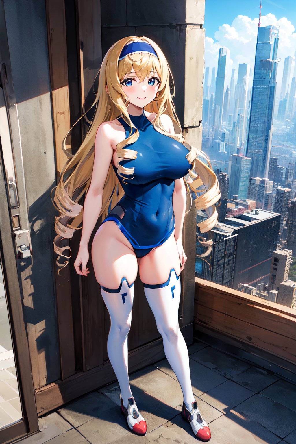 masterpiece, best quality, highres, aacecilia, long hair, curly hair, drill hair, blue hairband, pilot suit, halterneck, bare shoulders, blue leotard, white thighhighs, <lora:cecilia_alcott_v1:0.7>, smile, cyberpunk, rooftop, city, standing