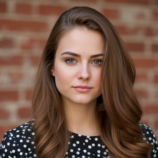 A high-resolution photograph of a 25-year-old Caucasian woman with light brown hair standing in front of a brick wall.