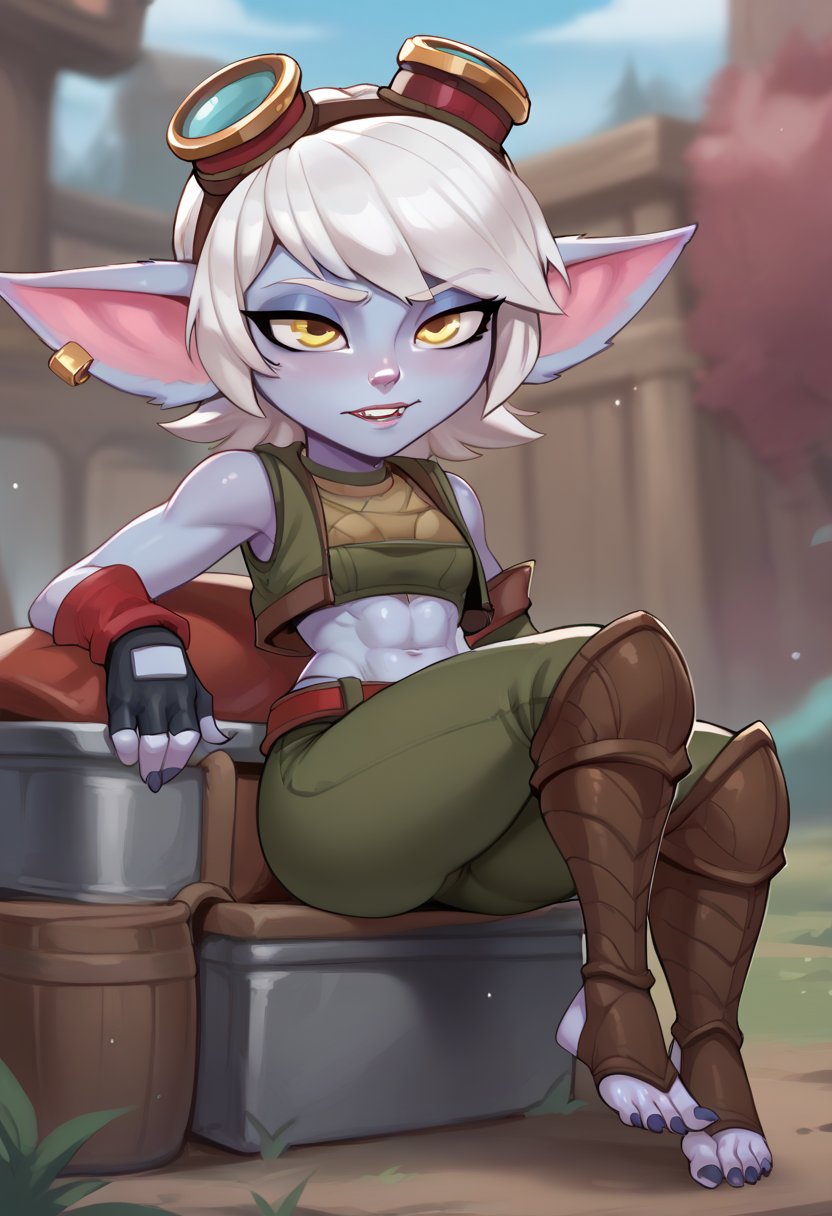 score_9, score_8_up, score_7_up, score_6_up, tr1st4na, yordle, 1girl, colored skin, pointy ears, short hair, white hair, yellow eyes, midriff, goggles, goggles on head, earrings, gloves, fingerless gloves, pants, toeless legwear, <lora:Tristana_Default_v1:0.7>, <lora:Lilandava_PDXL:1>, lilandavastyle