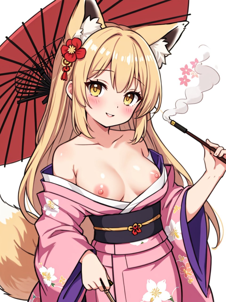 masterpiece, best quality, 1girl, animal ears, breasts, solo, japanese clothes, tail, nipples, fox ears, cup, kimono, hair ornament, long hair, fox tail, petals, looking at viewer, umbrella, smoking pipe, yellow eyes, holding, sakazuki, small breasts, oil-paper umbrella, kiseru, off shoulder, smile, blonde hair, parted lips, collarbone, alcohol, floral print, holding smoking pipe, bare shoulders, head tilt, on side, blush, hair stick