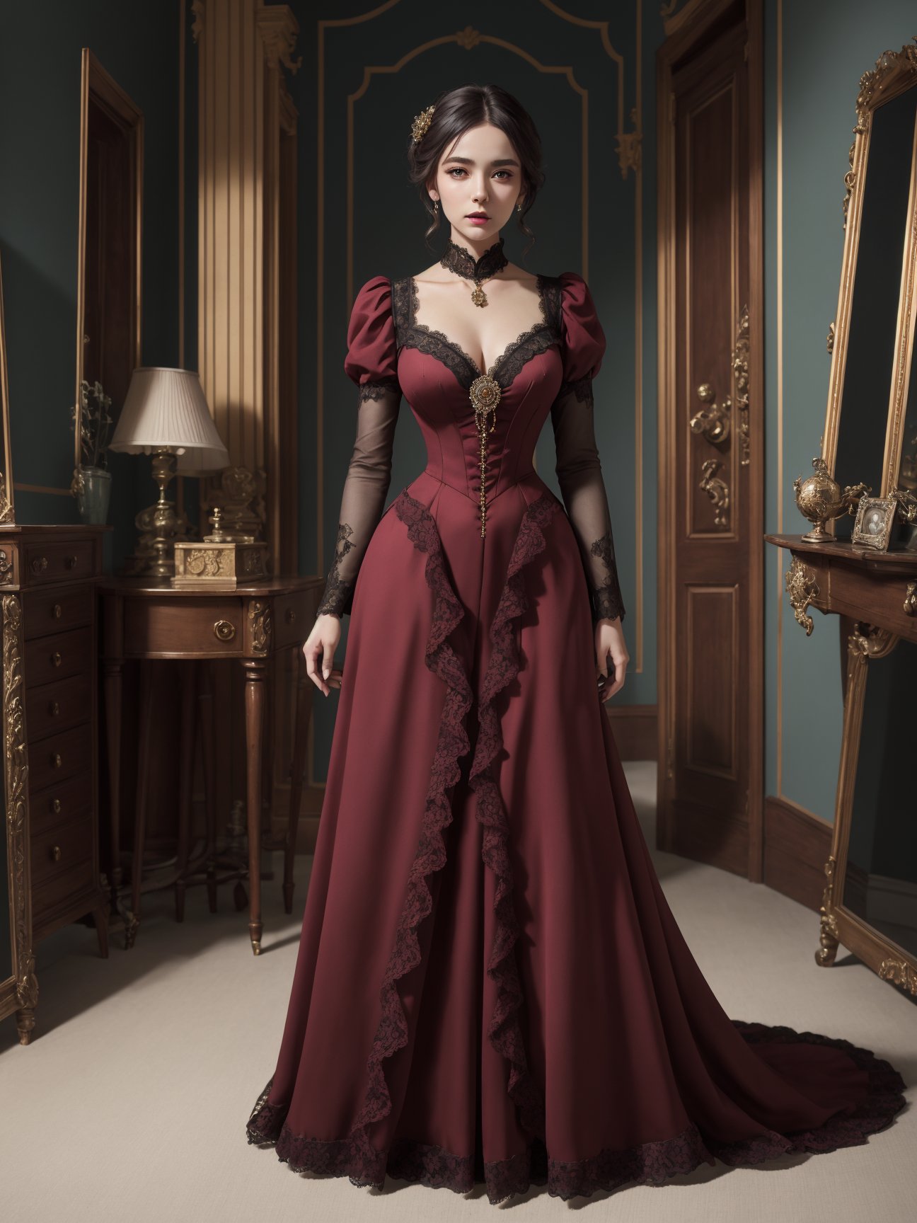 8k, highly detailed, solo, ((mature woman)), (maroon victorian dress), <lora:victorian_dress-1.0:0.4>, brooch, lace, looking at viewer, full body
