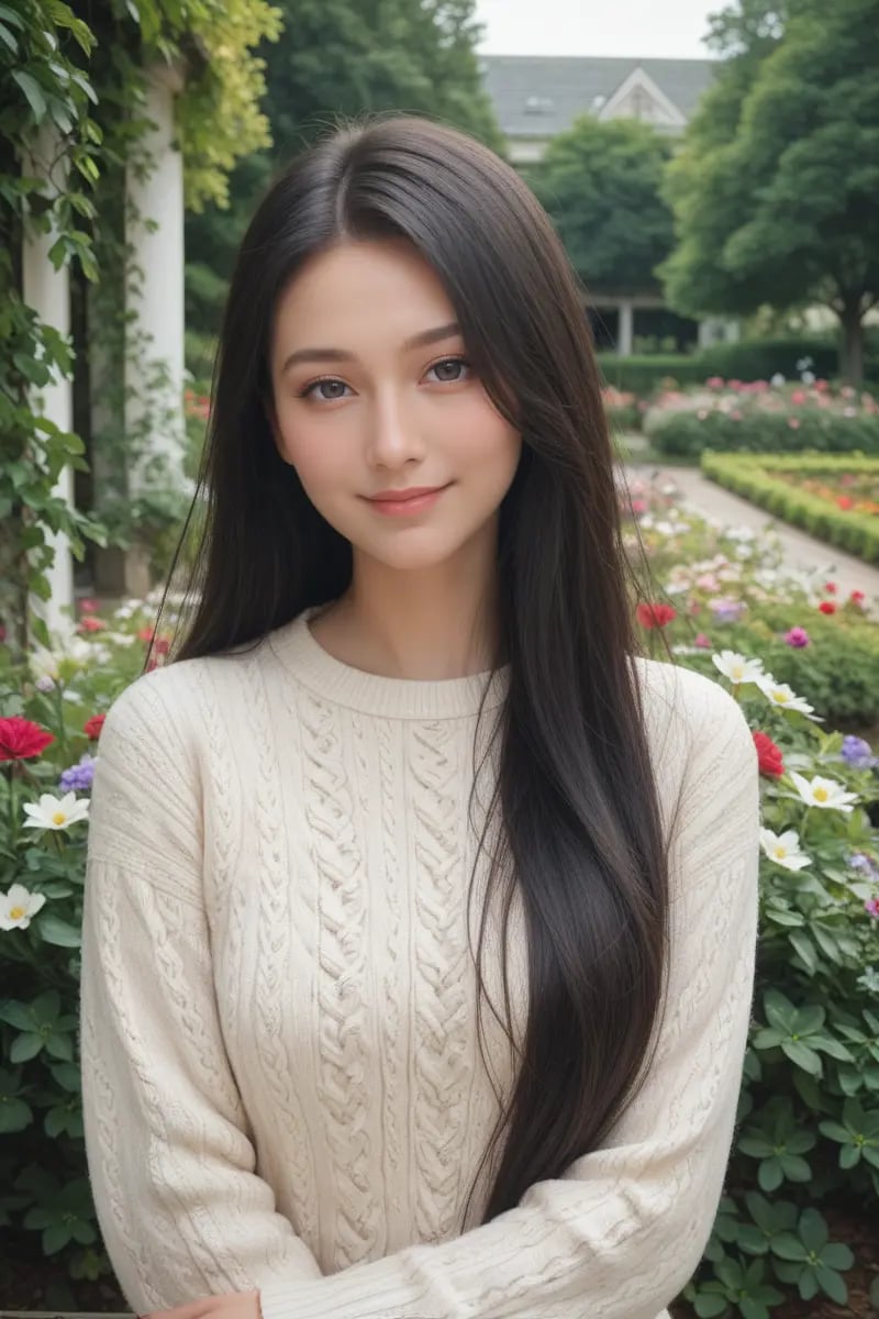 score_9,score_8_up,score_7_up,masterpiece, 20 years old, 8k, hd, beautiful girl, black hair, very long hair, straight hair, light smile,1girl, detailed face, beautiful woman's face, sweater, garden, full of flowers, looking at viewer, upper body, half body,