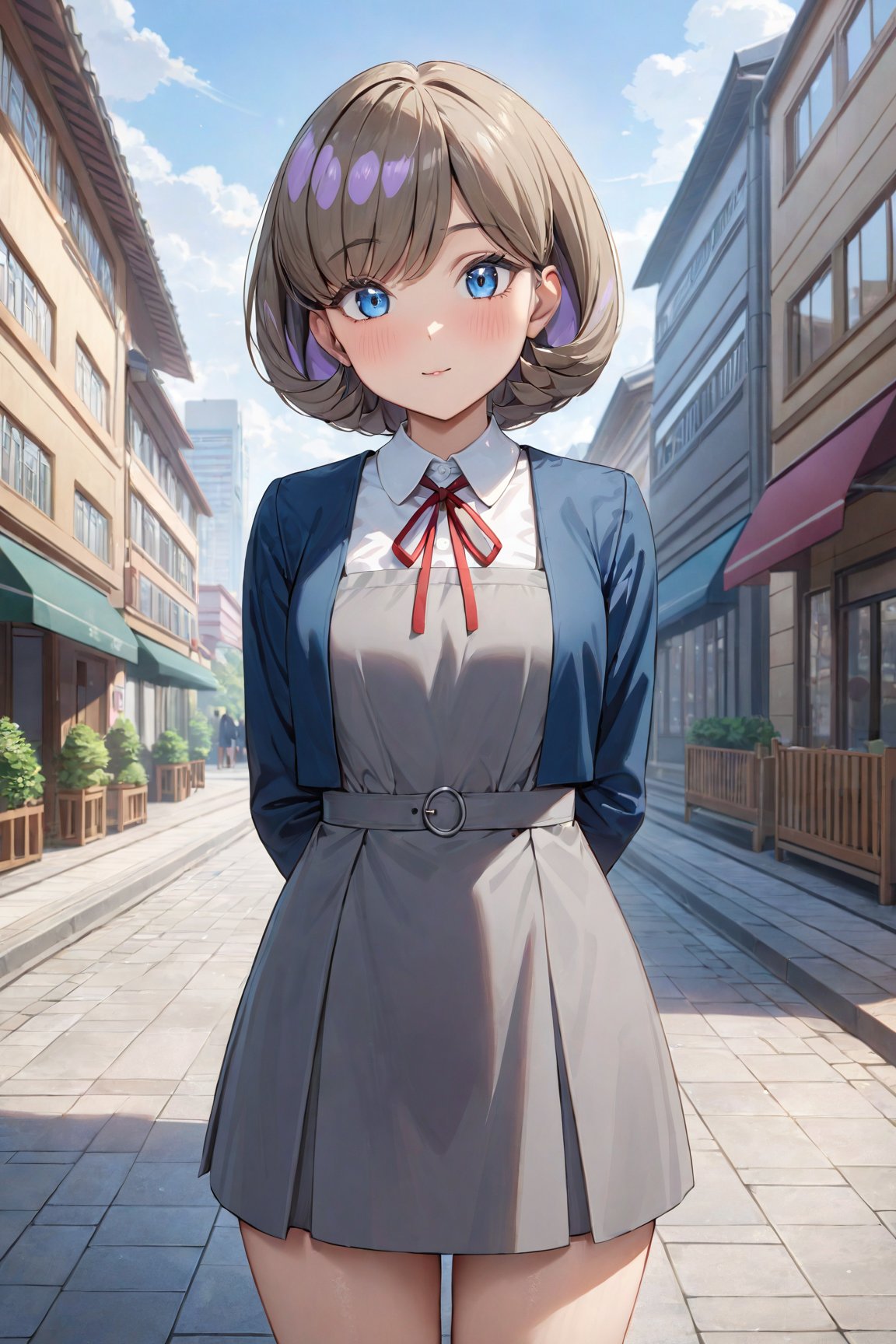 (masterpiece, best quality, very aesthetic, ultra detailed), intricate details, 4k, <lora:add-detail-xl:1><lora:Keke_epoch_1:0.6> tang keke, small breasts, blue eyes,depth of field, outdoors, city,yuigaoka school uniform, pinafore dress, grey dress, red ribbon, blue jacket,looking at viewer, cowboy shot, arms behind back, 