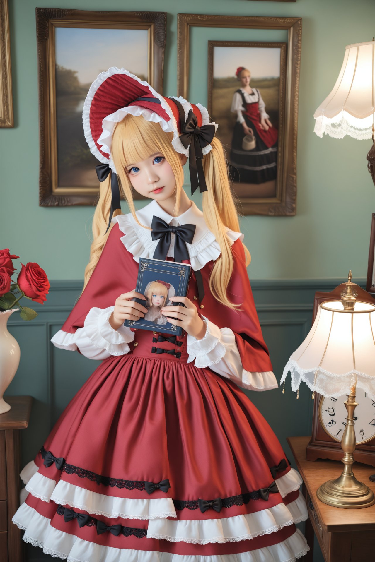 masterpiece,Realism,best quality,loli,1girl,blonde hair,shinku,dress,book,blue eyes,solo,bonnet,bow,holding,flower,lamp,rose,looking at viewer,long hair,red dress,black bow,frills,bowtie,realistic,long sleeves,indoors,frilled dress,cup,lips,lolita fashion,red headwear,capelet,lace trim,twintails,holding book,black bowtie,teacup,open book,lace,red flower,picture frame,standing,closed mouth,hat,painting (object),red rose,lace-trimmed sleeves,blunt bangs,nose,ribbon,head tilt,desk lamp,