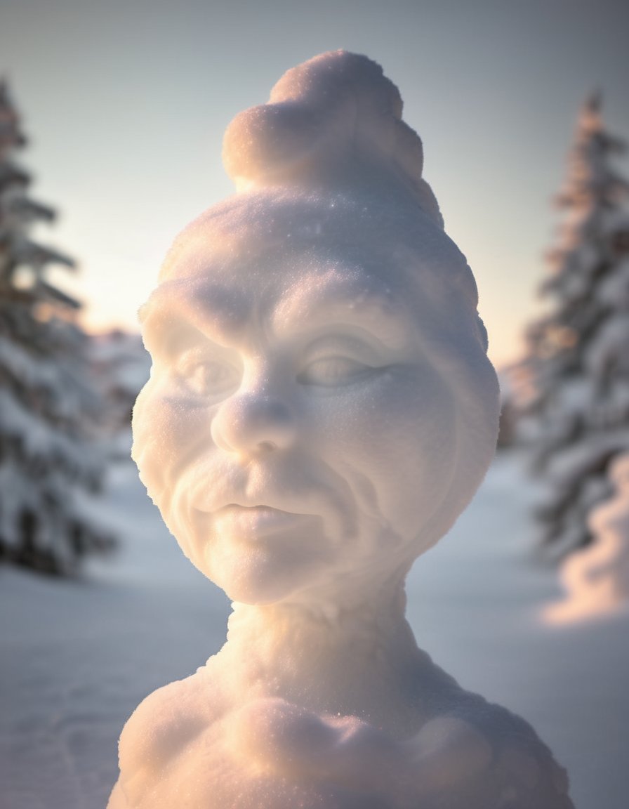 <lora:Aether_Snow_v1_SDXL_LoRA:1.0> close-up photo of the grinch made of snow, cinematic sunrise