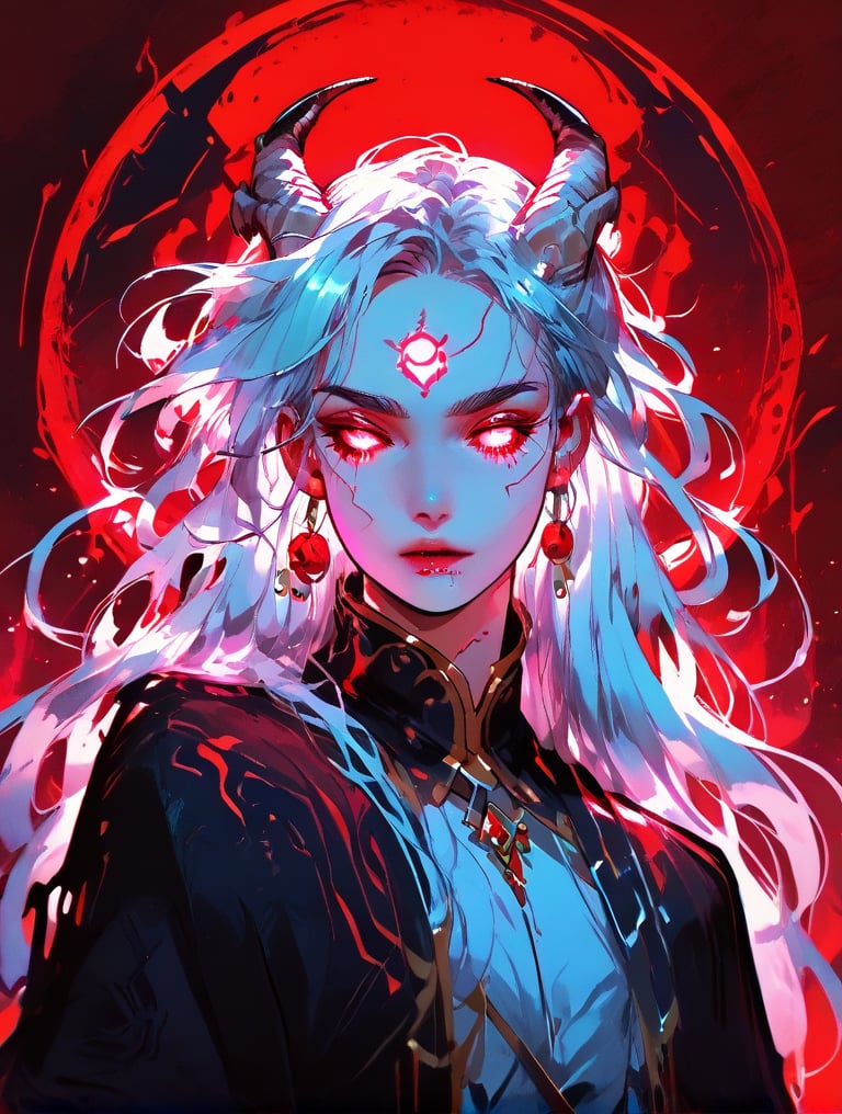 (score_9, score_8_up), score_7_up, zPDXL,  flowing hair, glowing red eyes, curved ram horns, a massive white dragon, white dragon,  eldritch, otherworldly eyes, limited red palette, monochromatic, eerie atmosphere,  <lora:GRIM_v1:0.9>, Expressiveh <lora:pony_test_01_64x64:1>