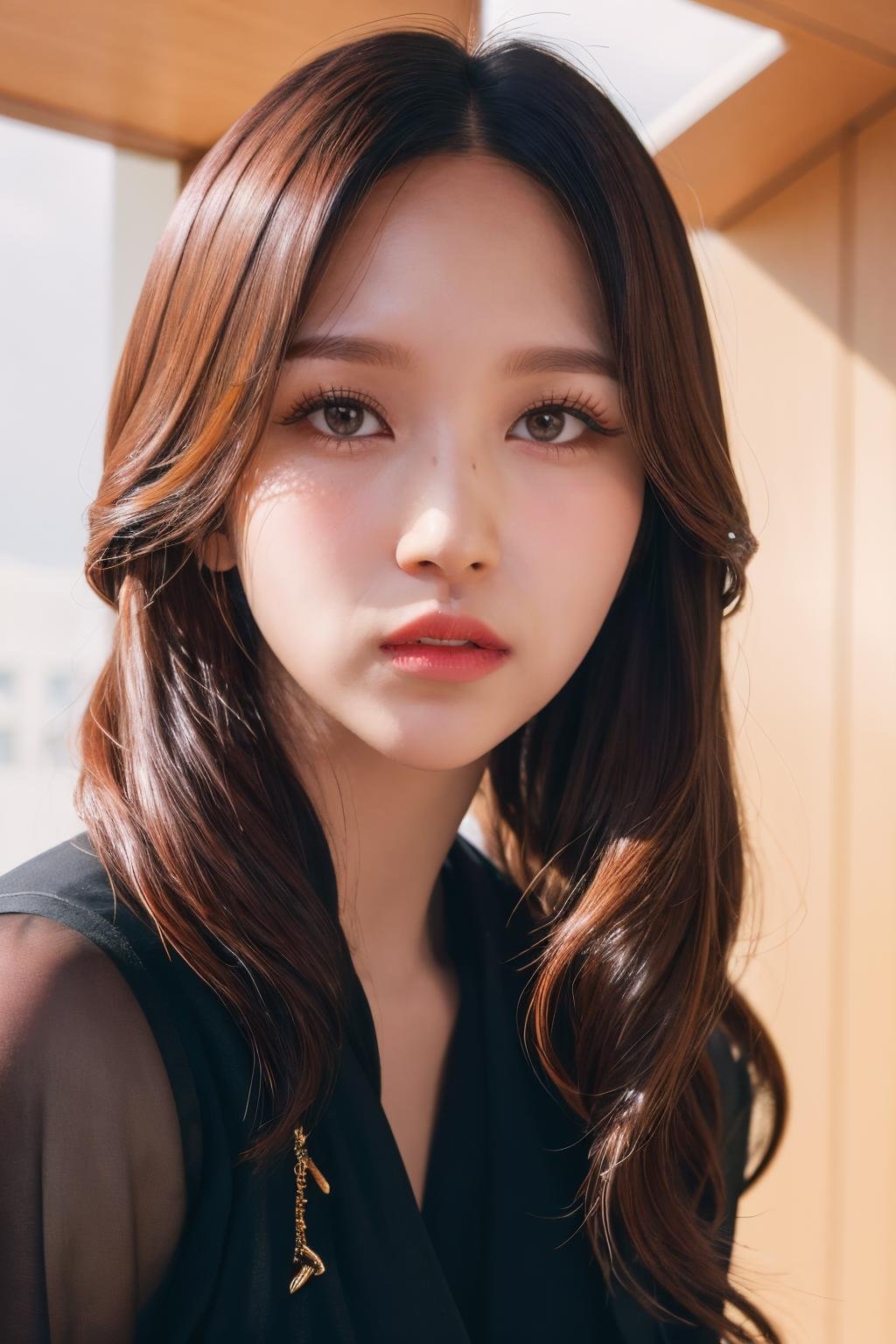 <lora:Twice Mina:1>, Mina, 1girl, solo, realistic, looking at viewer, photograph, photorealistic, beautiful and aesthetic, extremely detailed skin, extremely detailed hair, shadows, masterpiece, top quality, best quality, highres, ultra-high res, ultra-detailed, detailed lighting, high key lighting, vignetting,