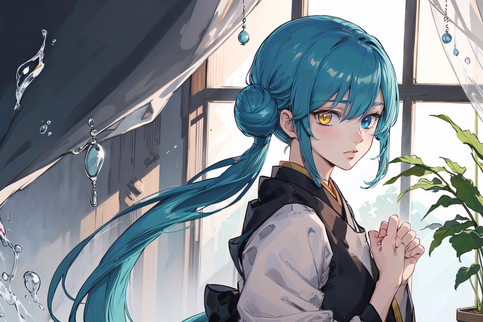 (masterpiece, best quality:1.3), top quality, 8k, dynamic, faux traditional media, digital illustration, dramatic lighting, 1girl, blue hair, very long hair,heterochromia, side ponytail, single side bun, yasuak1, solo, long hair, hair over shoulder, from side, upper body, graphite_(medium), half-closed eyes, full lips, heavenly, backlighting, floating hair, indoors, seize, Japanese architecture, gorgeous, looking at viewer, retro artstyle, sticker, Japanese hair ornament, dark room, sleeves past fingers, shy, blush, (karaginu mo:1.4), fully clothed, medium breasts, blue eyes, yellow eyes, averting gaze<lora:EMS-47252-EMS:0.500000>, <lora:EMS-367408-EMS:0.600000>, <lora:EMS-269853-EMS:0.200000>