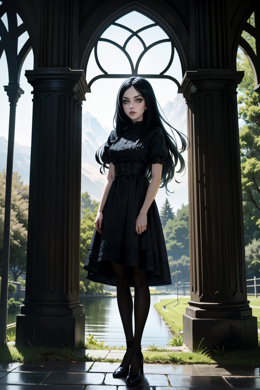 ((ultra detailed, masterpiece, best quality))<lora:AliceMadness:0.8>AliceMadness, 1girl, solo, long hair, black hair, green eyes, dress, pantyhose, standing in front of a picturesque landscape, full body, with arms folded