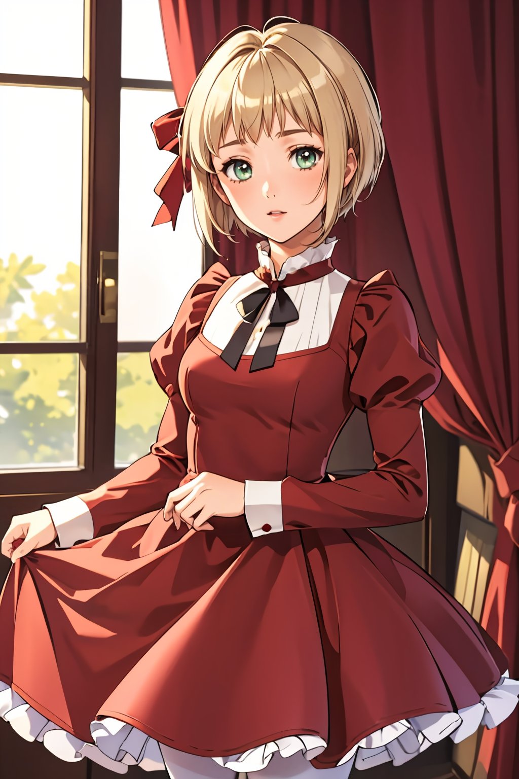 ultra detailed, sharp focus, best quality, masterpiece, colorful, <lora:NSLiechtensteinHetalia:1>  NSLiechHetalia, red dress, white pantyhose, hair ribbon, best quality, masterpiece, intricate details