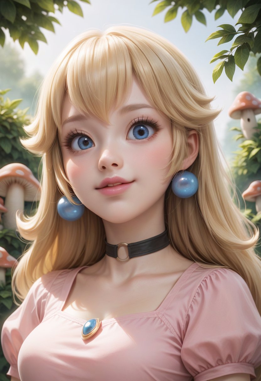 score_9, score_8_up, score_7_up, rating_safe, BREAK, disney movie, disney artwork, super detailed face, 1girl, princess peach, (face focus:1.1), (portrait:1.05), from below, looking at viewer, upper body, black choker, long hair, blonde hair, smile, pink lips, blush, outdoors, kingdom, garden, mushroom, score_8_up <lora:Style_Arctic Girl 2.5D:1>   