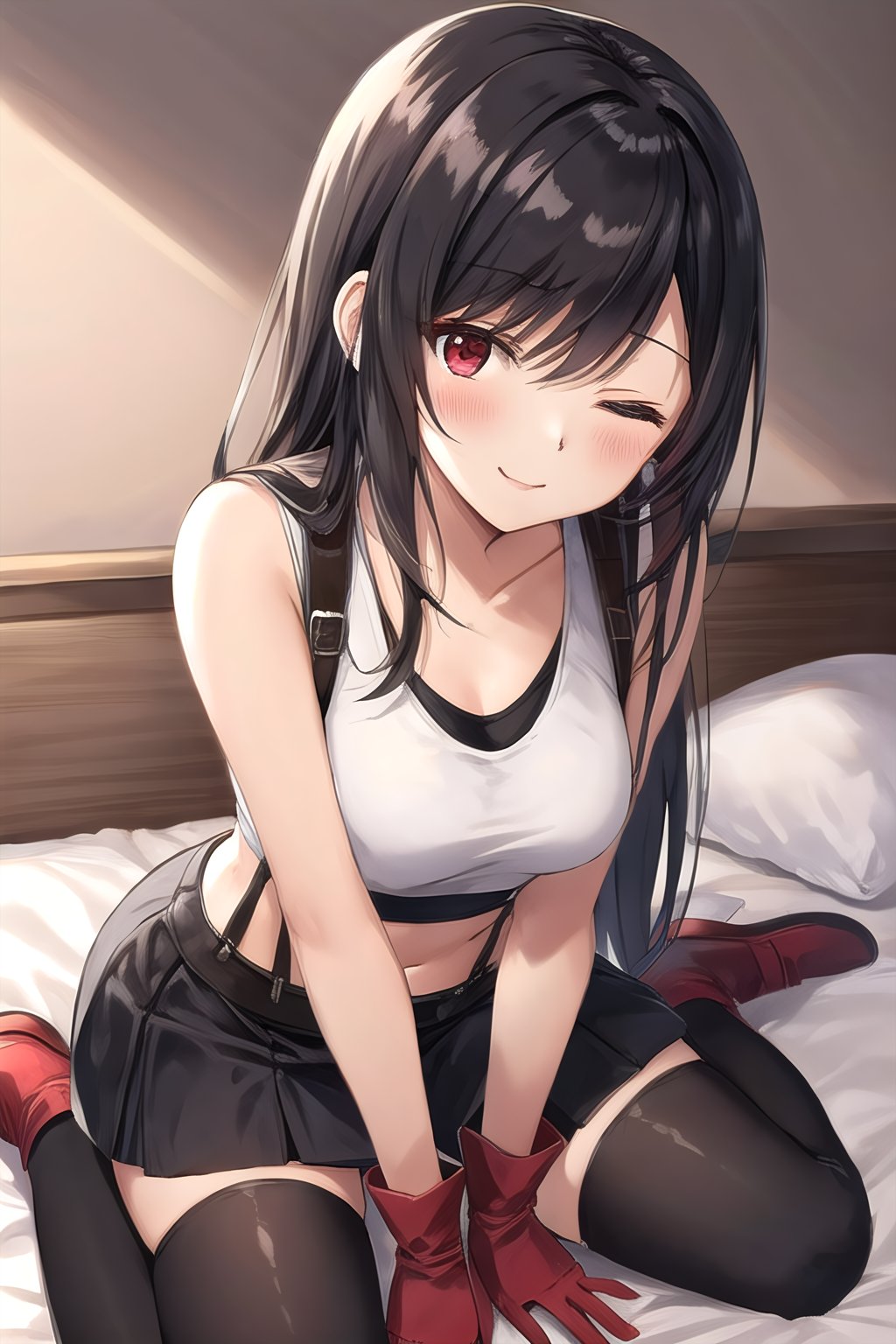 <lora:tifa-10:0.8>, tifa ff7, 1girl, solo, looking at viewer, blush, sitting, on bed, wariza, seductive smile, tank top, black skirt, suspender skirt, midriff, black thighhighs, red gloves, bra, zettai ryouiki, bent over, head tilt, one eye closed, small breasts