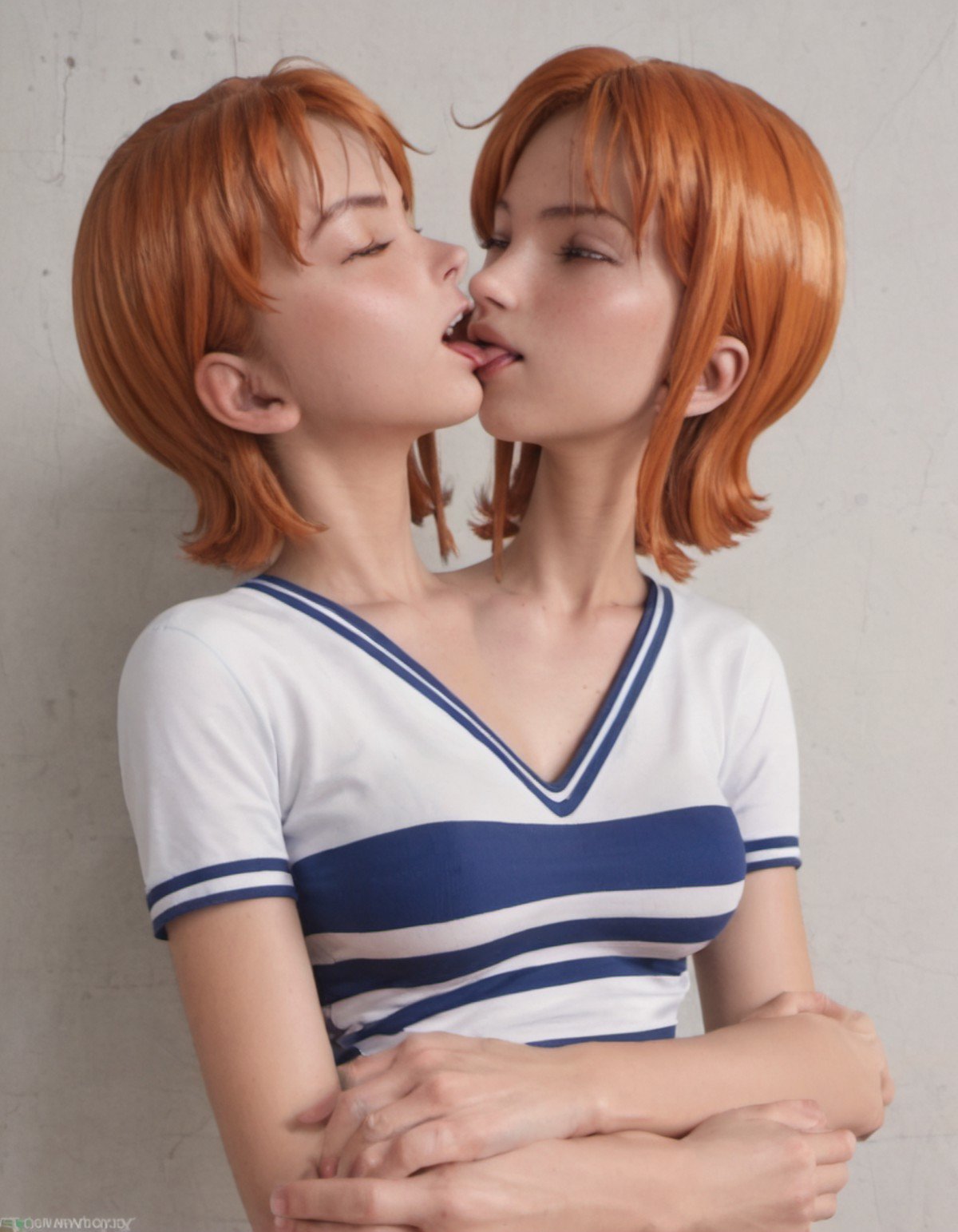 <lora:twoheads:1>  twoheads, 2 heads,  <lora:NamiPony1.0:1> nami, 1girl, short hair, orange hair, brown eyes, kiss, tongue, passionate, self hug, zPDXL BREAK , score_9, score_8_up, score_7_up