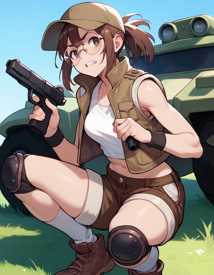 score_9, score_8_up, score_7_up, score_6_up, score_5_up, score_4_up, source_anime<lora:metalslug-ponyxl-000002:1>fio germi, glasses, round eyewear, baseball cap, wristband, brown jacket, cropped jacket, sleeveless jacket, midriff, open jacket, white tank top, brown shorts, short shorts, knee pads, socks, brown footwear,1girl, clenched teeth, finger on trigger, grass, holding gun, looking to the side, military vehicle, motor vehicle, on one knee, outdoors, pump action, squatting, tank