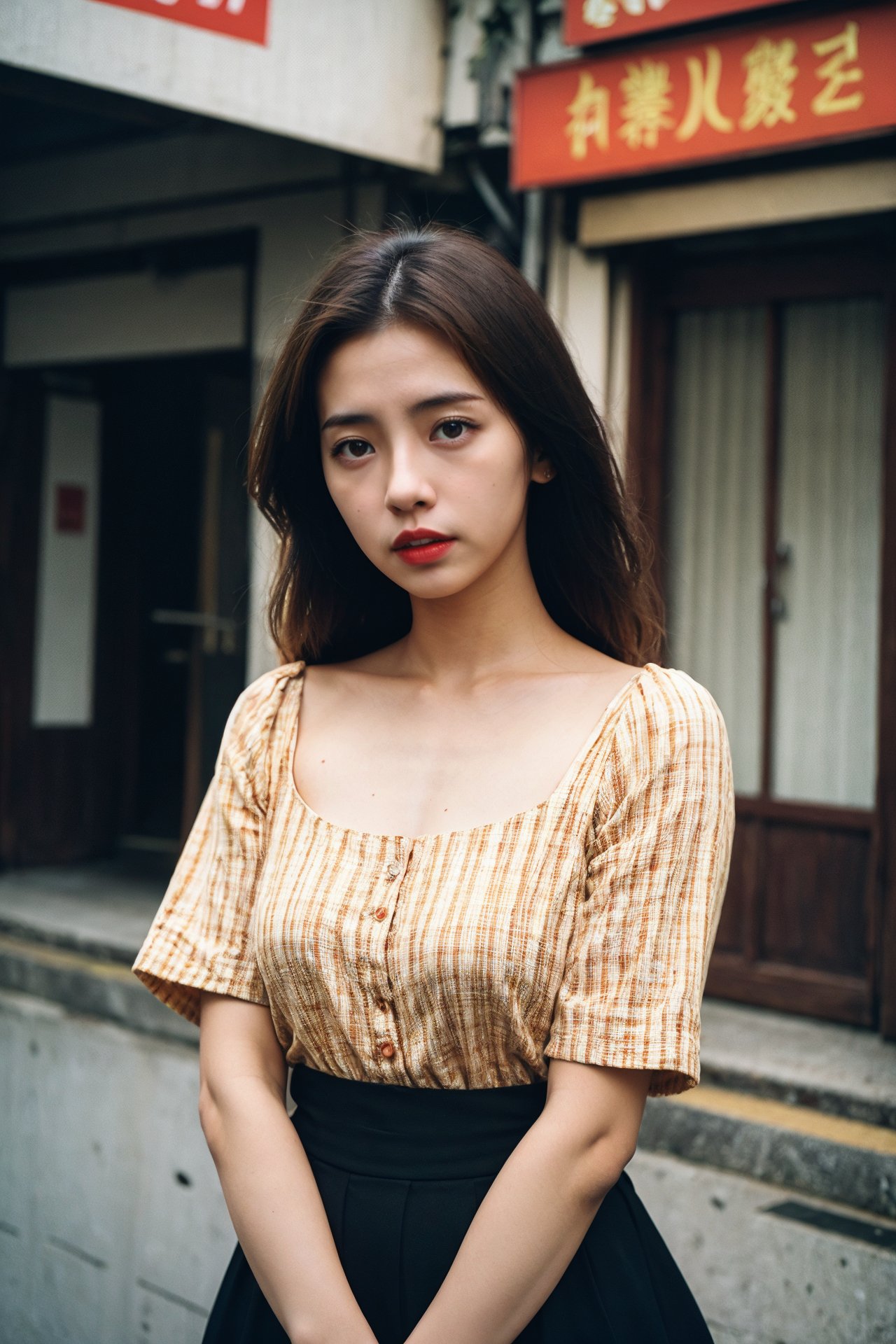 Raw photo, woman,  (seductive), vintage shirt, cinematic, old streets of  Taiwan,<lora:aiManjaYTL-10:0.8>