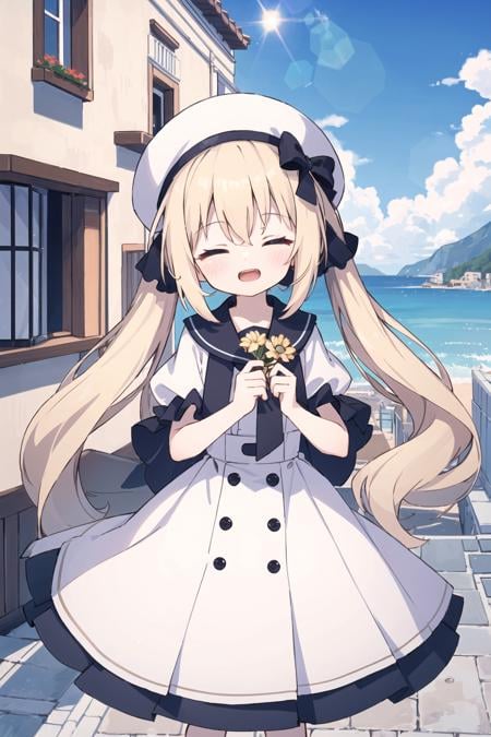 (best quality)+,(masterpiece)++,(ultra detailed)++,cute little girl standing in a Mediterranean port town street,wind,pale-blonde hair, blue eyes,very long twintails,white dress,white hat,blue sky,laugh,double tooth,closed eyes,looking at viewer,lens flare,dramatic, coastal