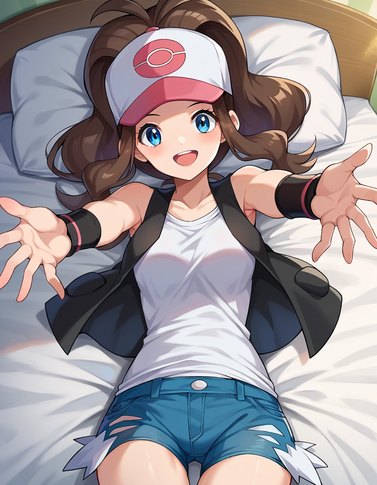 score_9, score_8_up, score_7_up, source_anime,pokemonhilda, <lora:pokemon-hilda-ponyxl-lora-nochekaiser:1>pokemonhilda, blue eyes, brown hair, long hair, ponytail, smile,baseball cap, blue shorts, denim, hat, shorts, vest, wristband, sleeveless, black vest, white shirt, shirt,indoors, bed, bed room, on back, arm support, arms up, incoming hug, pov, reaching, reaching towards viewer,looking at viewer, dutch angle, cowboy shot,