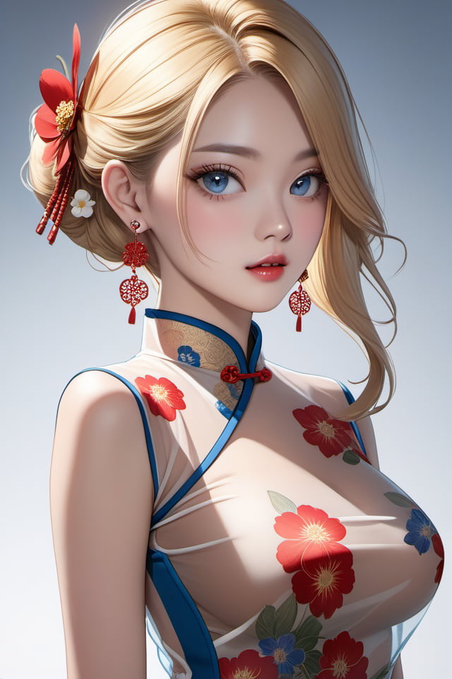 extremely high quality,1girl,PERFECT FACE,looking at viewer,blond hair,hair ornament,blue big eyes,see-through,print_cheongsam,jewelry,medium breasts,earrings,floral print,elegant,<lora:lbc_ST_print_cheongsam_XL-tusi:0.7>,movie grade light and shadow,simple background,human anatomy aesthetics,cowboy shooting,