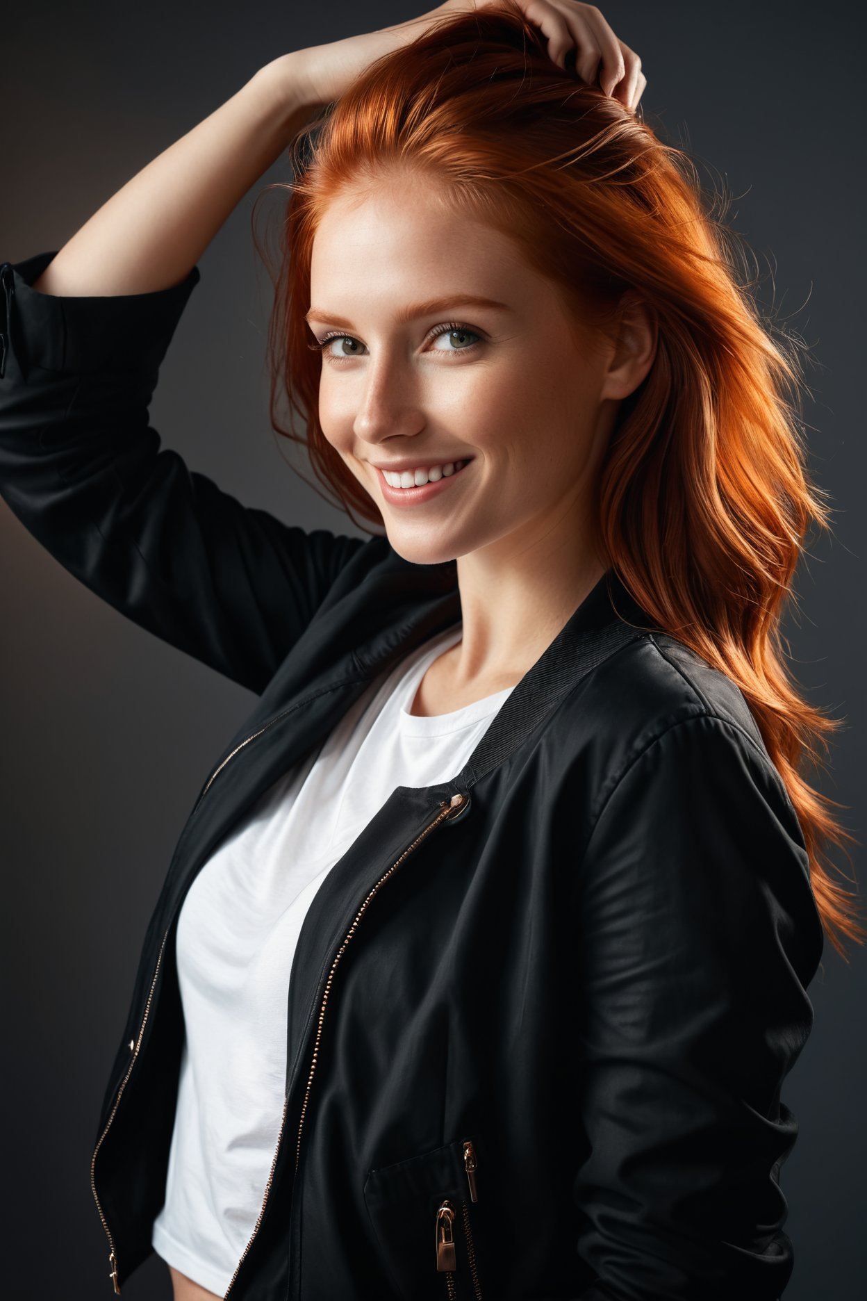 A beautiful red haired girl smiles, open black jacket, white t-shirt, adjust her hair, realistic, photorealistic,(masterpiece:1.2), (best quality:1.2), ultra-detailed, best shadow, detailed background, high contrast, (best illumination, an extremely delicate and beautiful), ((cinematic light)), 8k, very aesthetic,