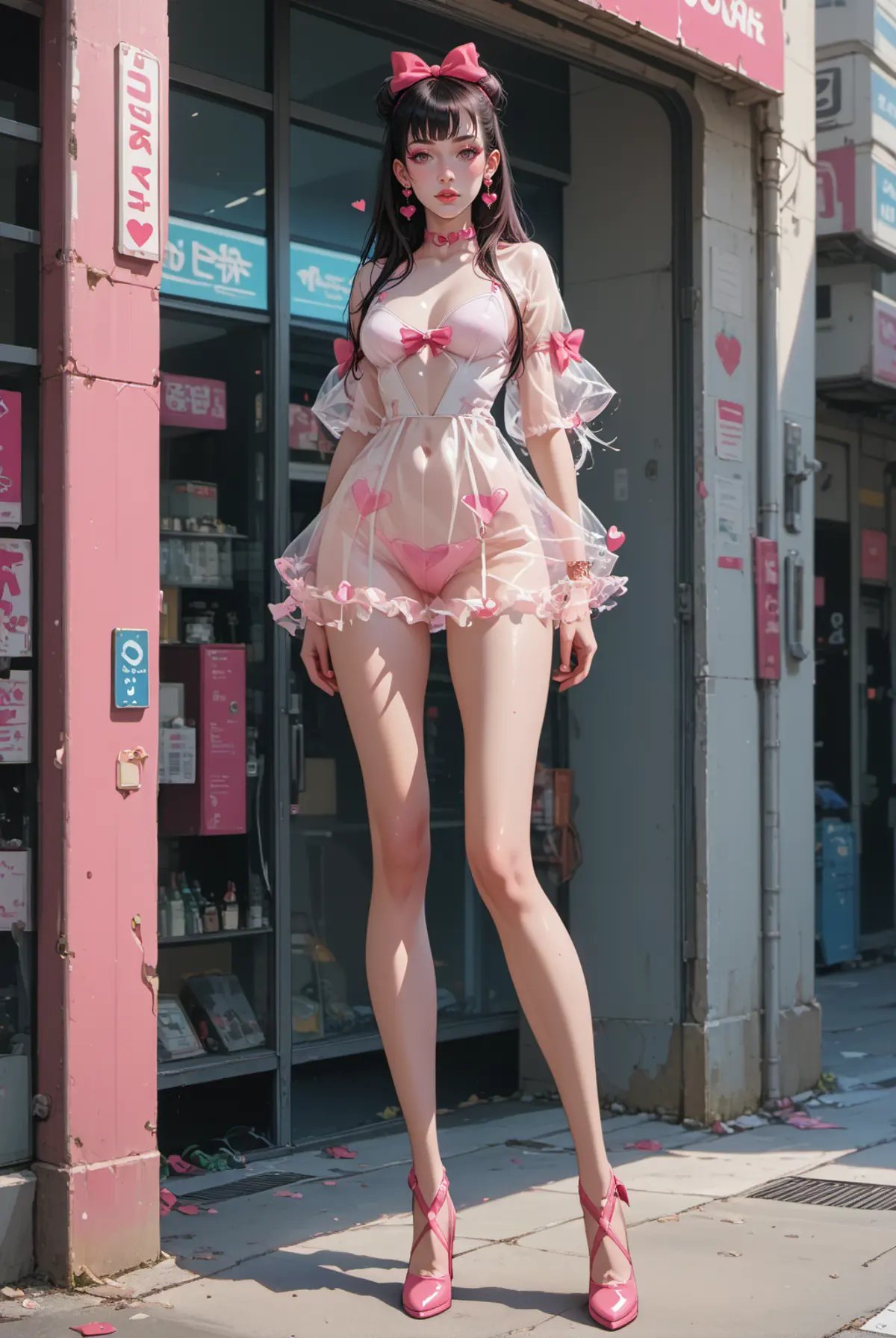 score_9,score_8_up,score_7_up,solo,future0615,solo,Heart-shaped incisions,high heels,Pink bow,see-through,<lora:future0615-Pink dress-000005:0.9>,thigh gap,long hair,