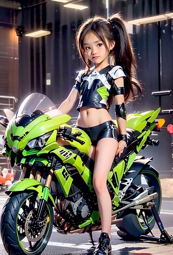 (((Dang))),(((10yo))),(ultimate shadow warrior armor),(Kawasaki Motorcycle) ,(long hair),1girl, solo, brown hair, black hair, navel, jewelry, earrings, black eyes,, lips, loli,petite, realistic,infantilism,slim, model,(mecha girl)<lora:EMS-352819-EMS:0.800000>, <lora:EMS-352656-EMS:1.000000>