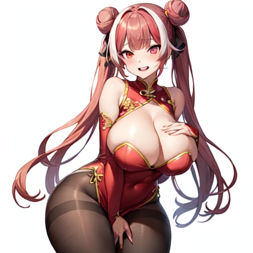 1girl, solo, original, chinese clothes, red dress, brown bodysuit, brown pantyhose, cleavage, cleavage cutout, bare shoulders, detached sleeves, red eyes, pink eyes, streaked hair, long hair, twintails, cone hair bun, huge breasts, curvy, thick thighs, bouncing breasts, seductive smile, naughty face, lewd, sexy, hot, glamorous, blunt bangs, standing, cleft of venus, white background, simple background, anime screencap, anime coloring, key visual, studio anime, standing, 