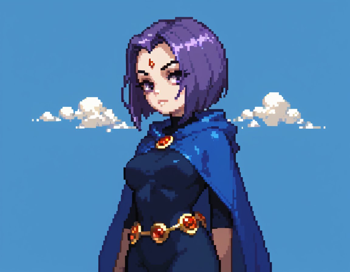 score_9, score_8_up, score_7_up, raven from teen titans, pixel art, solo