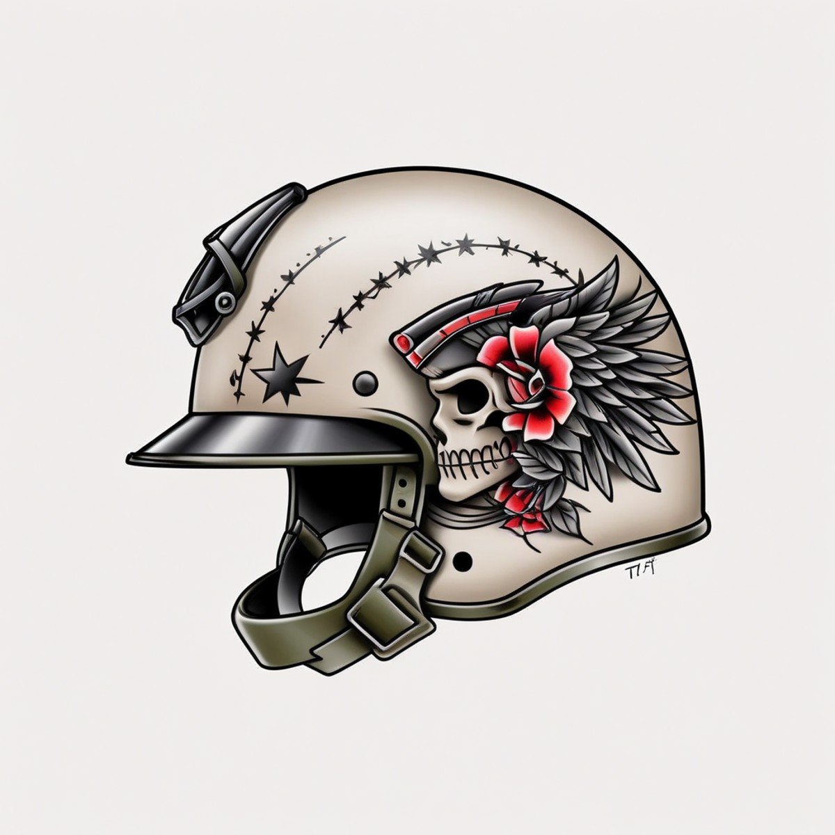 <lora:Traditional_Tattoos:0.65> modern military helmet in style of tr4dt4t, traditional tattoo, white background, american,