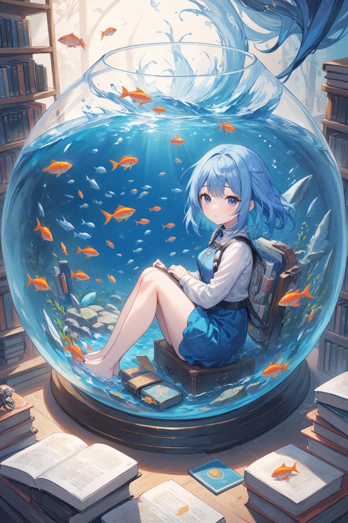 ultra-detailed,(best quality),((masterpiece)),(highres),original,extremely detailed 8K wallpaper,(an extremely delicate and beautiful),anime,\\,Strategy game style A girl with blue hair sits within a large fishbowl filled with various sized fish,Books rest nearby as she seems lost in thought,Dreamlike and surreal,the artwork predominately features blues and whites with touches of oranges and reds for contrast,Centered on the page,the fishbowl draws your eyes to the solitary girl immersed in her aquatic surroundings,. Overhead view,detailed map,units,reminiscent of real-time strategy video games,