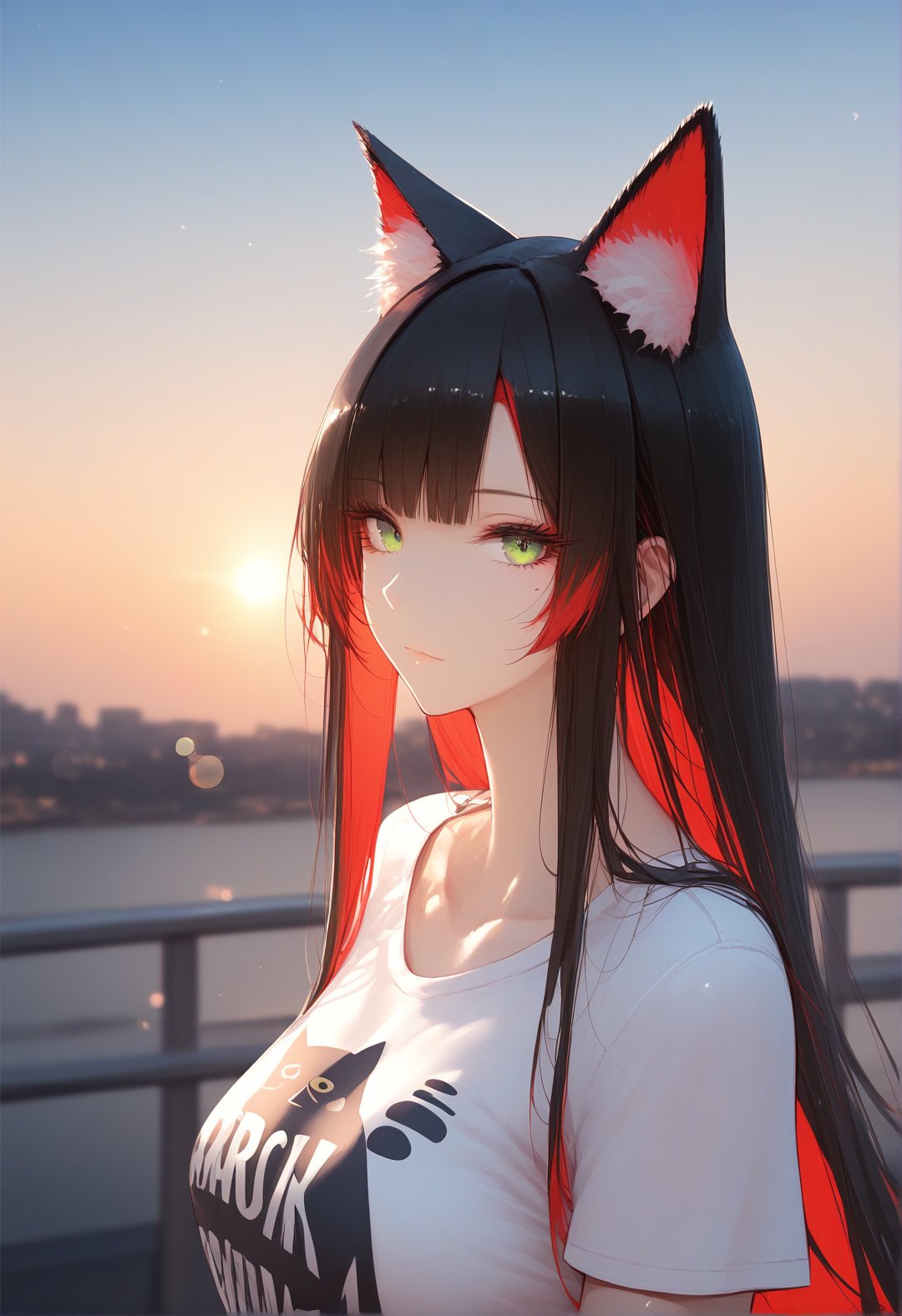 score_9, score_8_up, score_7_up, score_6_up, source_anime, <lora:RLI 0.2v:1>, RLI,1girl, solo, animal ears, black hair, long hair, shirt, green eyes, looking at viewer, white shirt, colored inner hair, red hair, multicolored hair, upper body, cat ears, short sleeves, bangs, two-tone hair, closed mouth, blurry background, blurry, outdoors, animal ear fluff, t-shirt, cat print, very long hair, collarbone, animal print, print shirt, sky, evening, lens flare, from side,