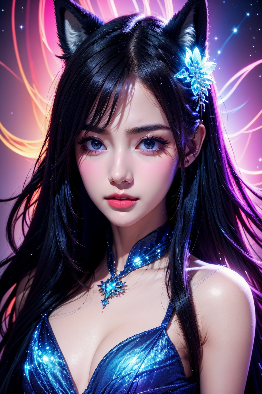 <lora:AgainRealistic_v2.0:1>,AgainRealistic_v2.0, 1girl, solo, animal ears, black hair, breasts, long hair, looking at viewer, upper body, dress, lips, parted lips, medium breasts, hair ornament, cat ears, fox ears, blue dress, cleavage, realistic, grey eyes, jewelry, animal ear fluff, hair flower, red lips, black eyes, makeup, flower, gem, nose, glowing, bare shoulders, blue eyes, star \(sky\)