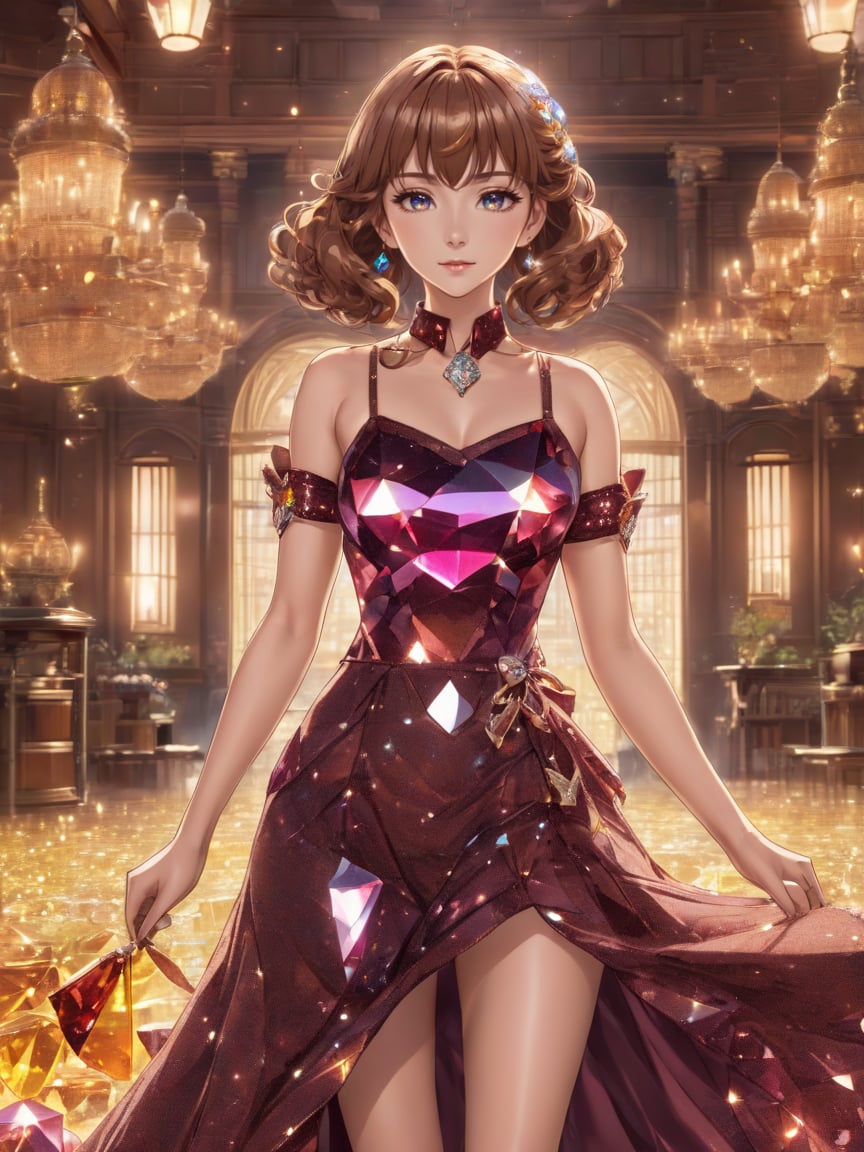 anime artwork beautiful woman wearing a Oxford Brown (crystalline dress) <lora:xl_crystalline_dress-1.0:0.8>, ballroom . anime style, key visual, vibrant, studio anime,  highly detailed