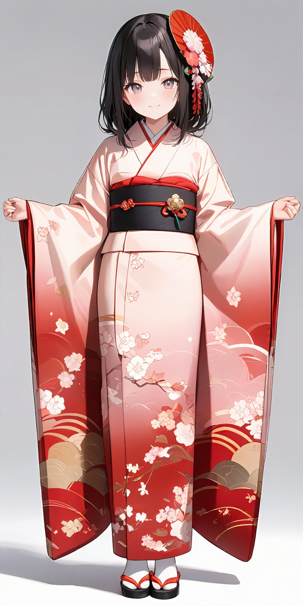 masterpiece,ultra-detailed,best quality,8K,illustration,cute face,clean skin ,shiny hair,girl,simple background, full body,<lora:add-detail-xl:1> <lora:furisode_XL_V1.0:0.5> jyojifuku, furisode, kimono, hair ornament, wide sleeves