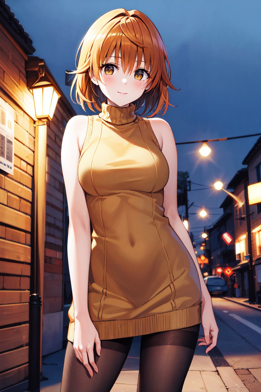 masterpiece, best quality, highres, aariko, short hair, brown eyes, <lora:yuusaki_riko_v1:0.6>, sweater dress, turtleneck, sleeveless, standing, night, pantyhose, street