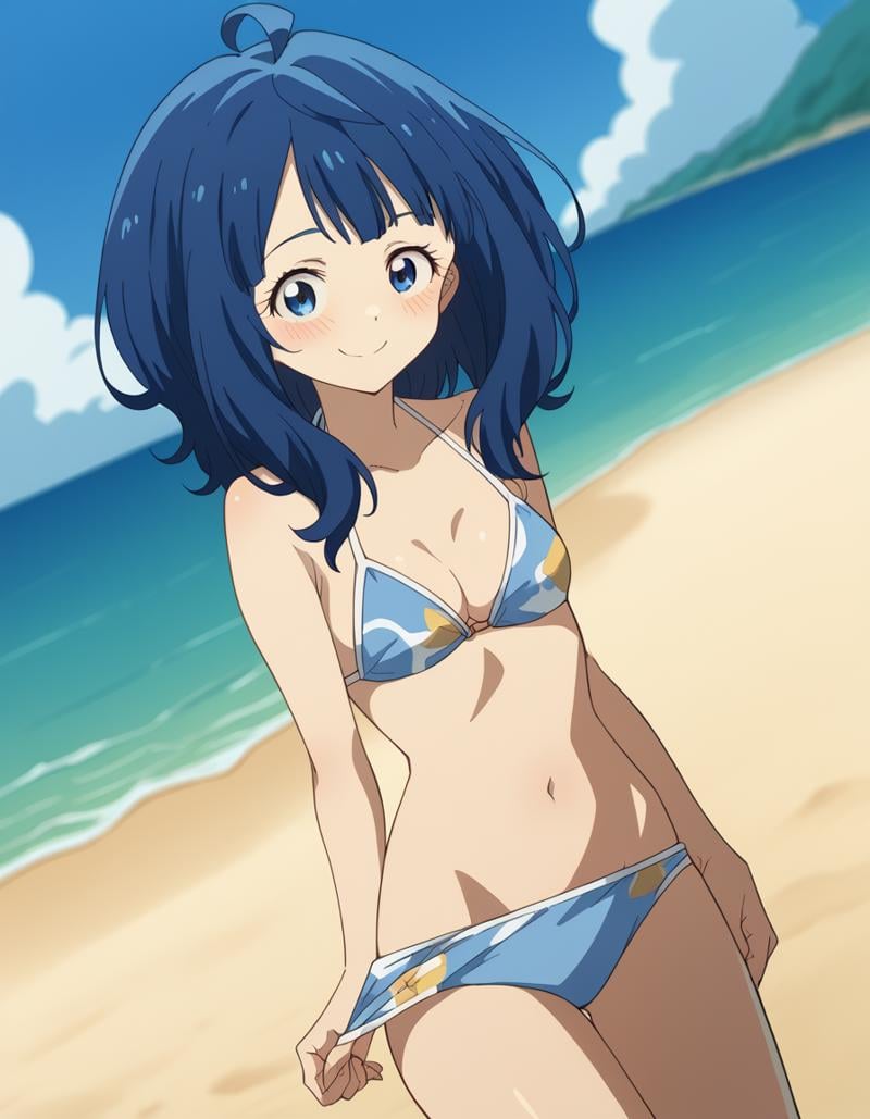 score_9, score_8_up, score_7_up, source_anime, <lora:anna-yanami-alpha-ponyxl-lora-nochekaiser:1>, anna yanami, medium hair, blue eyes, ahoge, blue hair, <lora:bikini-pull-ponyxl-lora-nochekaiser:1>, bikini pull, clothes pull, pulling own clothes, bikini, bikini top lift, bikini top pull, bikini bottom aside, navel,, outdoors, beach, blush, smile,, , cowboy shot, dutch angle