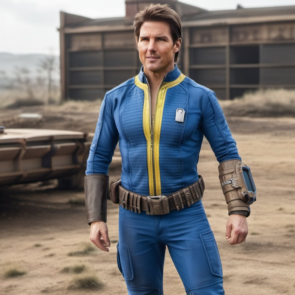 Dystopian style full body tom cruise wears a blue and yellow outfit, a computer wrist, a belt, smiles, thumbs up <lora:Fallout-V2-1024-120:0.8> . Bleak, post-apocalyptic, somber, dramatic, highly detailed