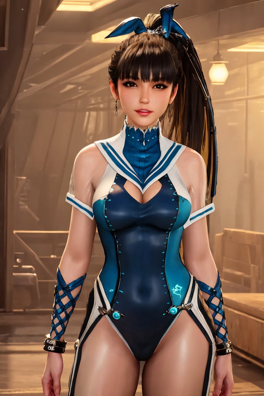 best quality, masterpiece, highres, detailed face,highly details, science fiction, indoors,cowboy shot,looking at viewer, facing viewer1girl, ponytail,  bracelet, leotard, playboy bunny, parted lips, (little smile:0.8),<lora:eve costume1 v5-000011:0.7>