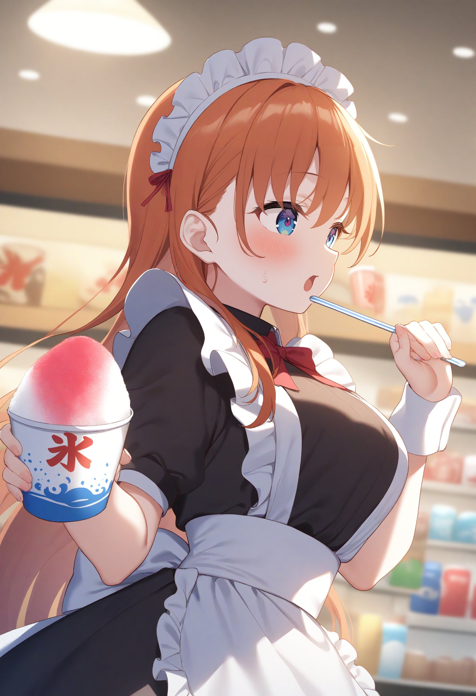 1girl,sincos, ningen mame, toosaka asagi,solo,large breasts,20yo,maid,maid headdress,shaved ice,<lora:shavedice_XL_v1:0.8>holding drinking straw, spoon straw, eating,from side, fisheye lens, looking down, orange hair, gray eyes,expressionless, underground mall, open mouth, bowl cut hair,,best quality, very aesthetic, absurdres