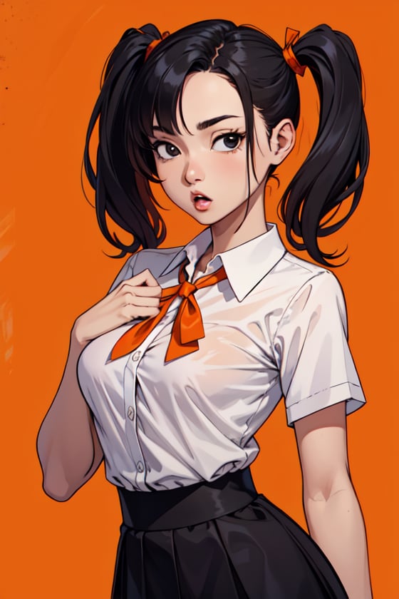 masterpiece,best quality,upper body,1girl,collared_shirt and flared_skirt as material2,orange theme,color trace,head out of frame,short twintails,small breasts,black eyes,;o,breast conscious