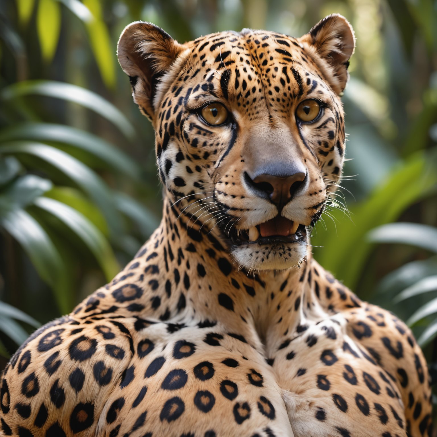 detailed , face photo of an , anthro jaguar, male,nude,  penis,jungle background, fangs,, high quality photography, 3 point lighting, flash with softbox, 4k, Canon EOS R3, hdr, smooth, sharp focus, high resolution, award winning photo, 80mm, f2.8, bokeh