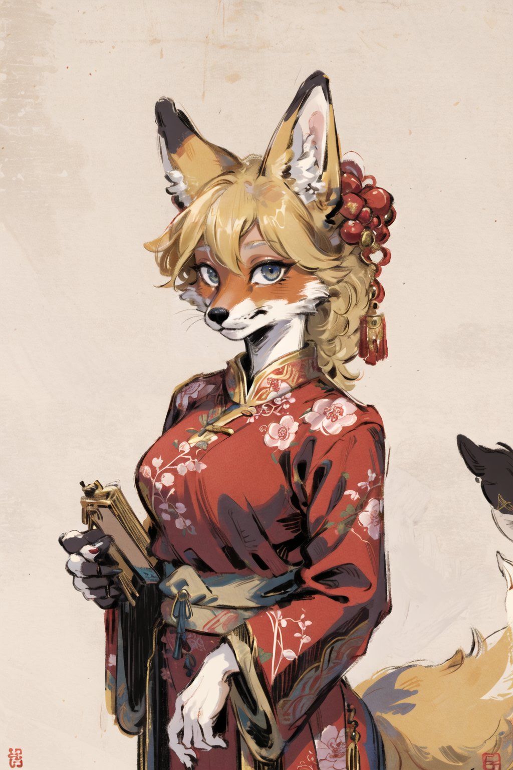 masterpiece,highres,furry fox girl,solo,blonde,chinese dress, hair ornament, anicent chinalooking at viewer, 