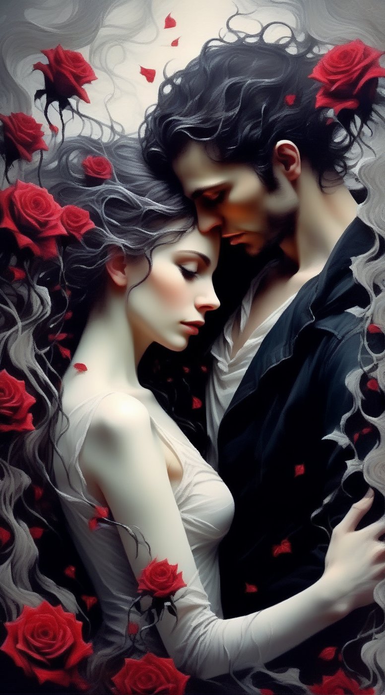 linquivera wyrmterro beautiful girl and man in love in a dark garden surrounded by crismon roses, separate on white background<lora:wyrmterro:0.7>  <lora:linquivera:1>