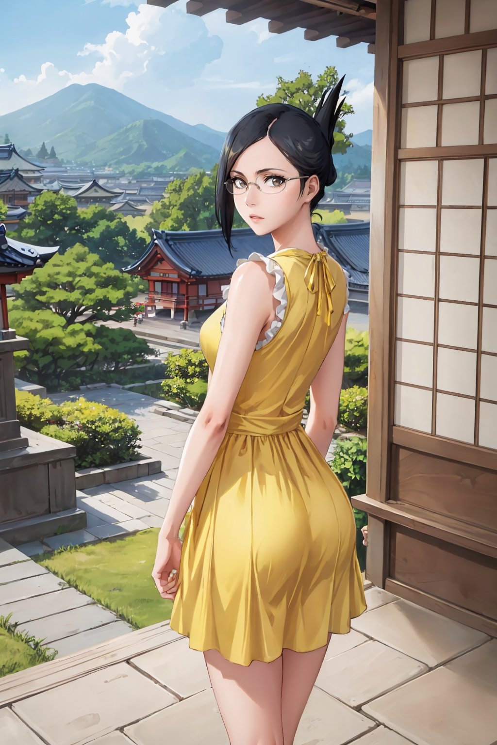 masterpiece, best quality, <lora:isenanao-nvwls-v1-000009:0.9> ise nanao, folded ponytail, glasses, (yellow sundress:1.3), from behind, garden, japanese architecture, pagoda, looking at viewer